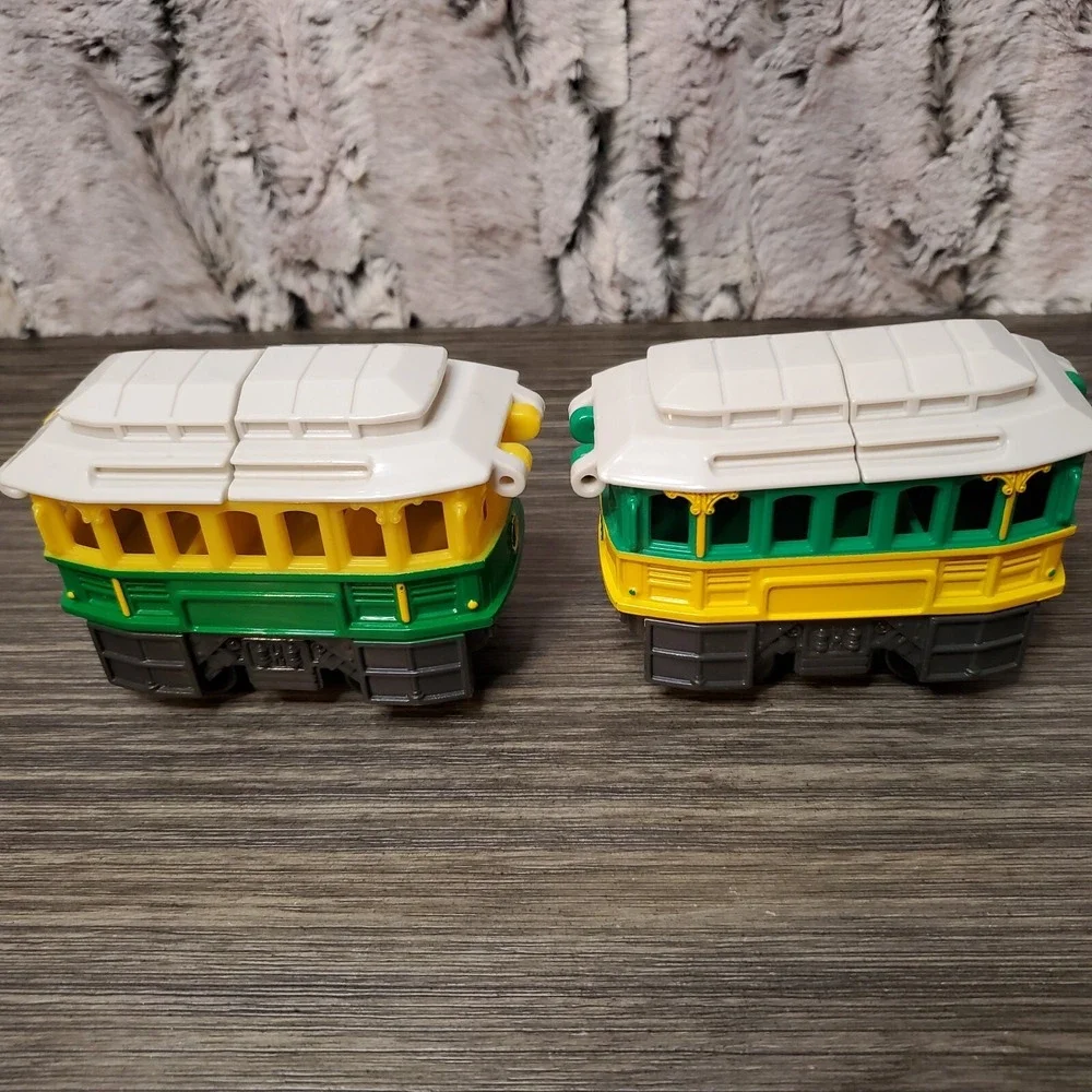Fisher Price Geotrax Cable Cars - TWO No Motor Push Toys Roof Opens Yellow Green